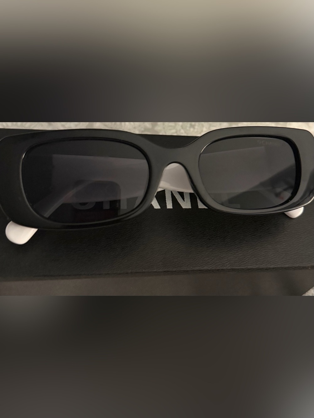 CHANEL Black Sunglasses with Dark Gray Lenses and White Temple Tips